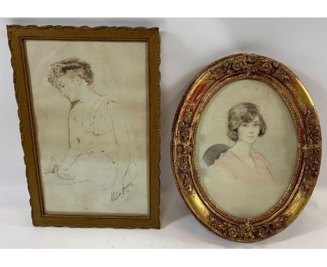 Early 20th century English school - portrait of a young woman, head and shoulders, watercolour, in oval gilt frame, 31.5cm x 