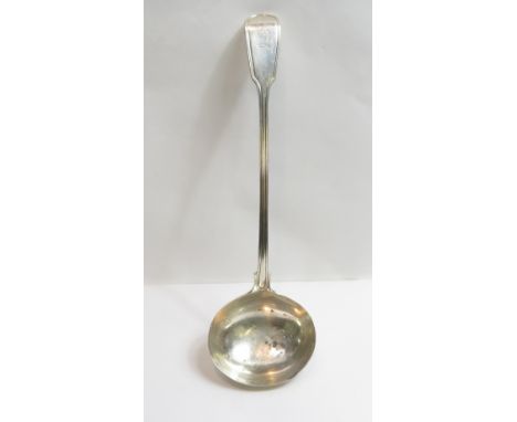 A Victorian silver soup ladle, fiddle and thread pattern, by George Adams, London 1847, crested, 34cm long, 275g (8.8 troy oz
