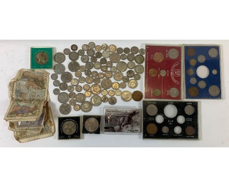 A collection of coins and notes including First issue of specimen decimal coins 1968, along with various others