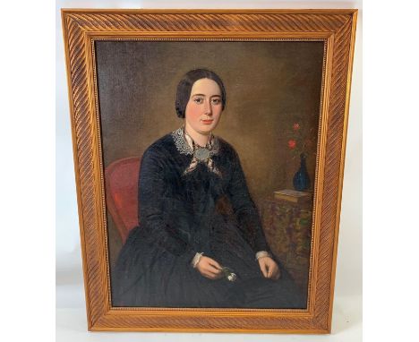 19th century English School, portrait of a lady holding a flower, oil on board, 89cm x 68cm