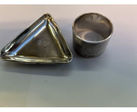 Silver Birmingham hallmarked pin dish together with a engine turned napkin ring Total weight 86g