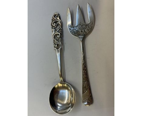 Silver 3 prong serving fork Birmingham 1920 Joseph Gloster &amp; Norwegian silver spoon 