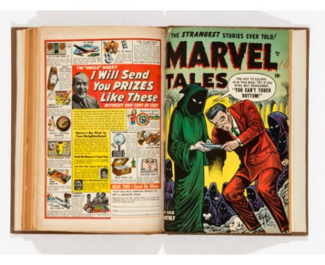 Marvel Tales (1954) 120-129. In bound volume. Bright, glossy covers, with tanning to cover interiors and some brittle edges. 