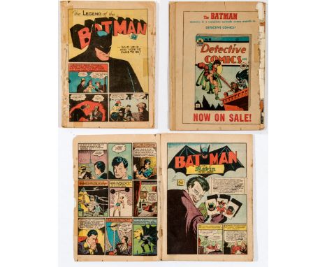 Batman 1 coverless (1940). Clear taped spine, 2 clear taped repairs to splash page, 1 clear taped repair back page. First fou