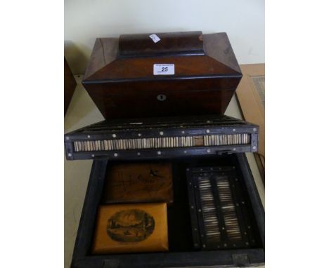 A vintage porcupine quill mounted box, together with a further similar smaller example, a small Mauchline ware box, a further