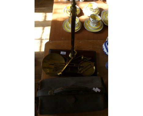 W & T Avery brass beam scales, together with a small case containing a collection of vintage cobblers tools 
