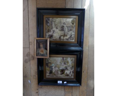 A pair of crystoleum pictures of classical ladies, inset in ebonised frames, together with a miniature crystoleum portrait of