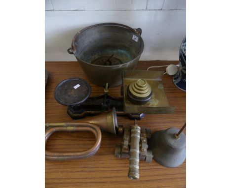 A mixed lot of metal wares, to include vintage balance scales, copper bugle, small brass model cannon, jam pan, sun dial etc 