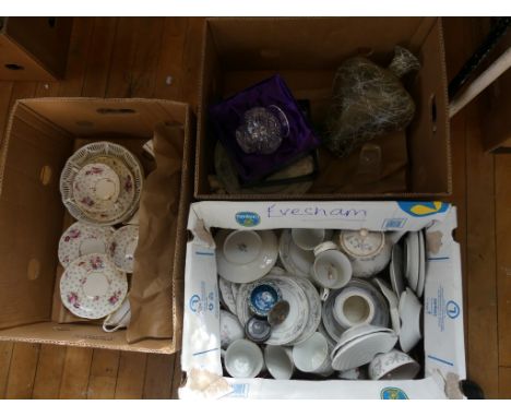 Three boxes of mixed ceramics and glassware to include Swansea mid summer tea wares, modern Japanese table wares, Radford jar