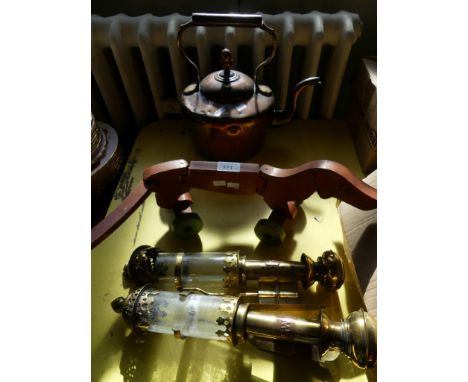 A mixed lot comprising a pair of wall mounted brass candle holders marked G. W. R., a novelty wooden pull along toy Dachshund