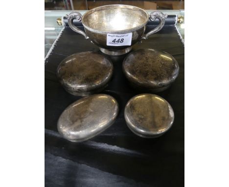 A mixed lot of silver items comprising a double handled cup or sugar basin, together with a selection of dressing table jar l