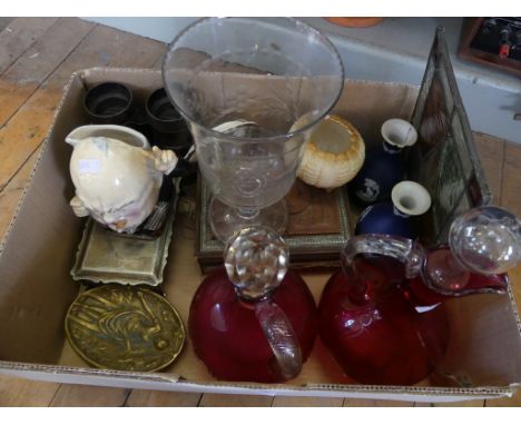 A mixed lot comprising two cranberry jugs, vintage binoculars cigarette boxes, Burleighware character jug formed as Churchill