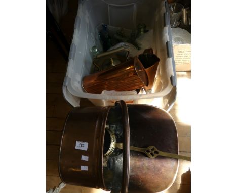 A mixed lot of copper and brass ware to include copper coal chute, foot warmer, kettles, ale warmer, shot flask, etc plus a f