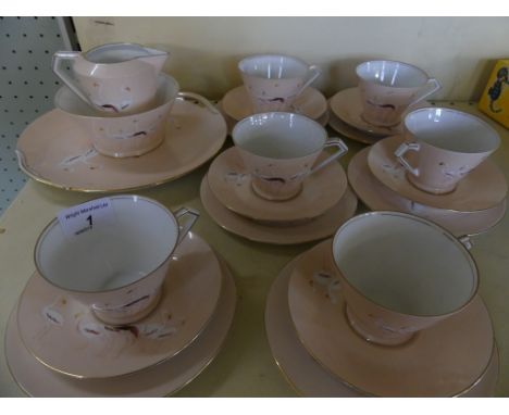 A Noritake part tea set, comprising six trio's, milk jug, sugar basin and sandwich plates, decorated in the Flamingo pattern 