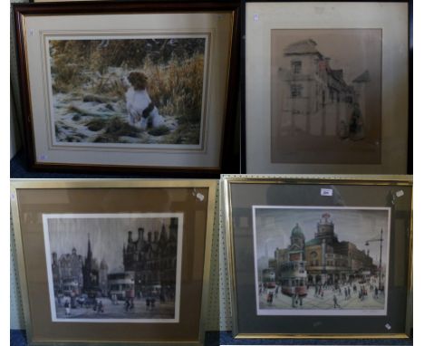 A mixed lot comprising two Arthur Delaney signed coloured prints, a Cecil Oldham print of a street scene, and a Steven Townse
