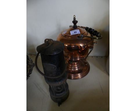 A Vintage miners lamp, marked A82 together with a copper spirit kettle (2) 