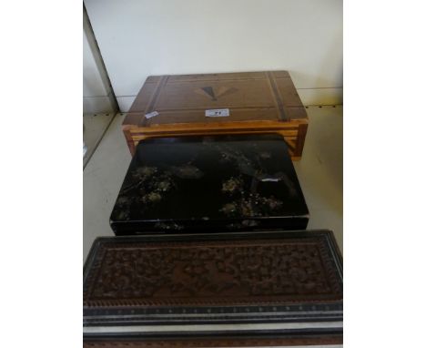 A mixed lot comprising an Oriental mother of pearl and black lacquered decorated jewellery box, together with two further box