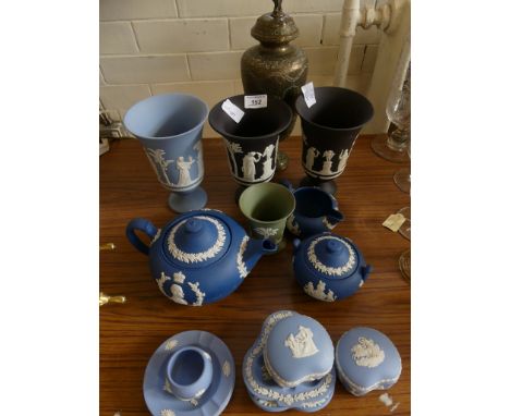 A mixed lot of Wedgwood Jasperwares to include a three piece tea service, vases, trinket dishes, ashtrays, etc together with 