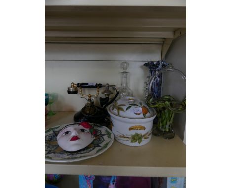 A mixed lot comprising a vintage telephone, two Murano glass vases, a Royal Worcester Evesham pattern casserole dish, cut gla