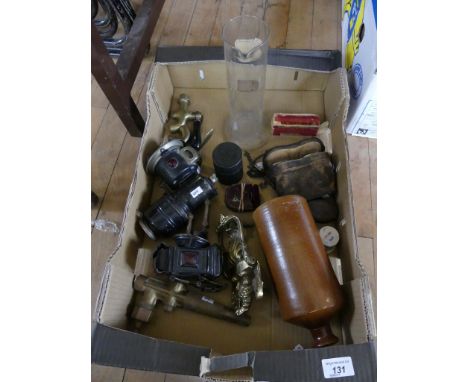 A mixed lot comprising vintage lanterns, brass beer taps, brass door knocker, cased binoculars, glass measuring vase and othe