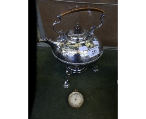 An Elkington's silver-plated spirit kettle and stand, together with a brass cased pocket aneroid barometer (2) 