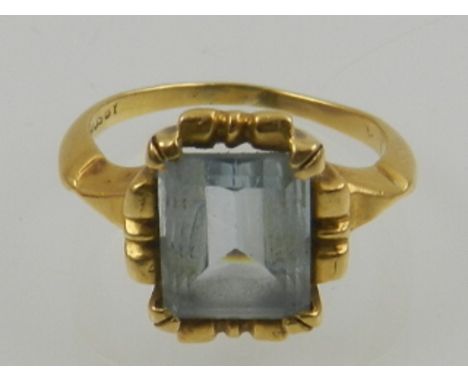 A yellow metal and aquamarine ring.