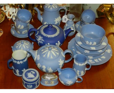 A Wedgwood Jasperware tea service, to include six cups and saucers, two teapots, a sugar pot a cream jug, and others.