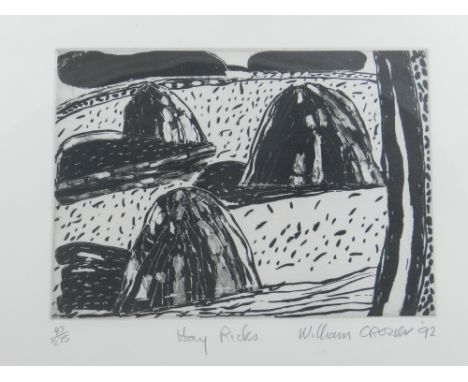 William Crozier (1930 - 2011), Hay Ricks, 43/275 monochrome print, signed, titled and dated '92, 16 x 20cm.