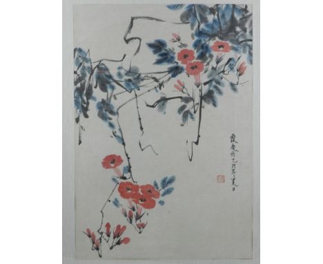 20th century Chinese school, Blossoming Flowers on a Branch, watercolour on paper, bears Chinese verse and seal mark. H.47cm 