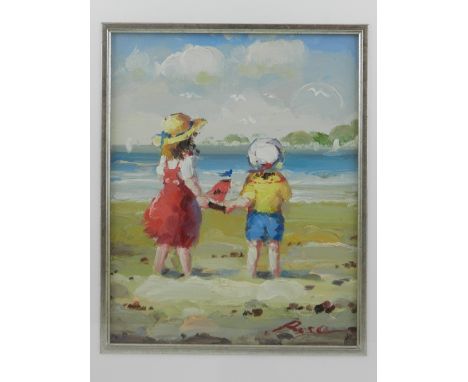 After Adrianes Van Noort (20th century Dutch school), Girls Playing on the Beach, oil on board, signed 'Rosa' lower right. H.