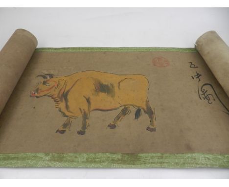 A late 19th century Chinese scroll, depicting buffaloes, boxed. L: 230cm