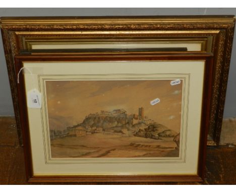 Two watercolours of Grecian scenes, together with an oil painting depicting ships at sea, a limited edition Faye Whittaker pr