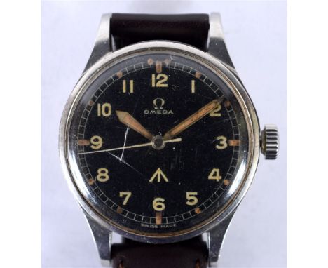 A BRITISH ROYAL AIR FORCE OMEGA STAINLESS STEEL PILOT'S WRISTWATCH dated 1953, the black dial with Arabic numerals, luminous 