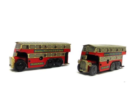 TWO WELLS BRIMTOY 'POCKETOY' MODEL BUSES the first red with white bands to the upper and lower decks, route '10', cast metal 