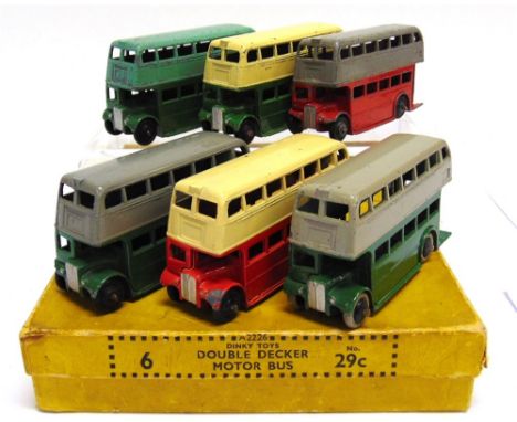 A PRE-WAR TRADE BOX OF SIX NO.29C DOUBLE DECKER MOTOR BUSES the yellow box with printed code 'A2226' to the ends and 'BW1214 