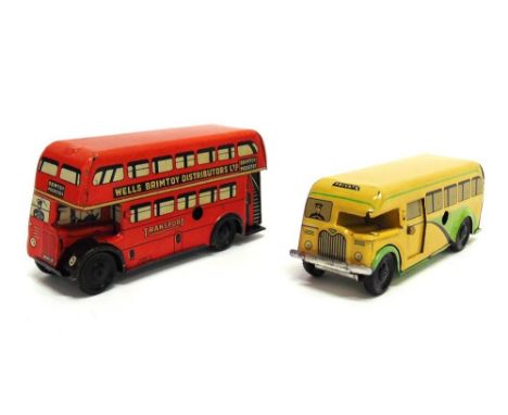 TWO WELLS BRIMTOY 'POCKETOY' MODEL BUSES the first a double decker bus, red, registration 'AWW 517', plastic wheels, clockwor