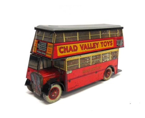 A CHAD VALLEY / CARR'S BISCUITS 'LONDON TRANSPORT' DOUBLE DECKER BUS NOVELTY BISCUIT TIN red with a cream bands to the upper 