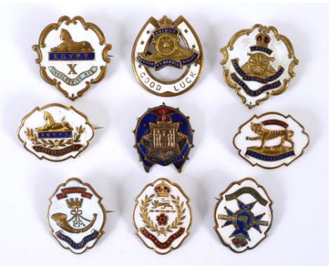 NINE ENAMEL MILITARY SWEETHEART BADGES including those of East Surrey Regiment, Nottinghamshire & Derbyshire Regiment, Glouce