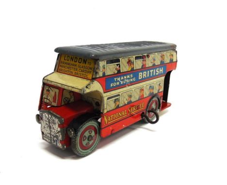 A WELLS BRIMTOY DOUBLE DECKER BUS red with white bands to the upper and lower decks, and a grey roof, destination 'London to 