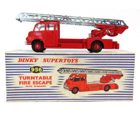 A DINKY NO.956, BEDFORD TURNTABLE FIRE ESCAPE red with red plastic hubs, windows to cab, brightwork ladder, very good conditi