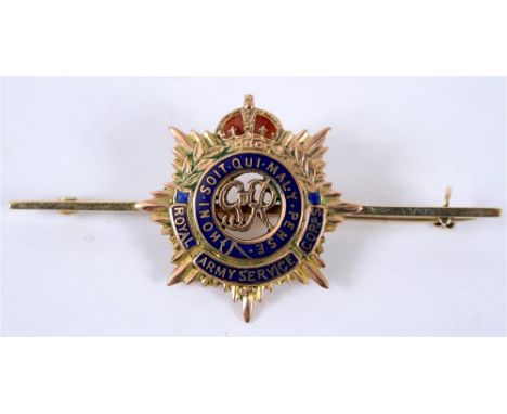A ROYAL ARMY SERVICE CORPS SWEETHEART BROOCH by Deakin & Francis, stamped '9ct', with enamel detail, 5.7cm long (6g gross).