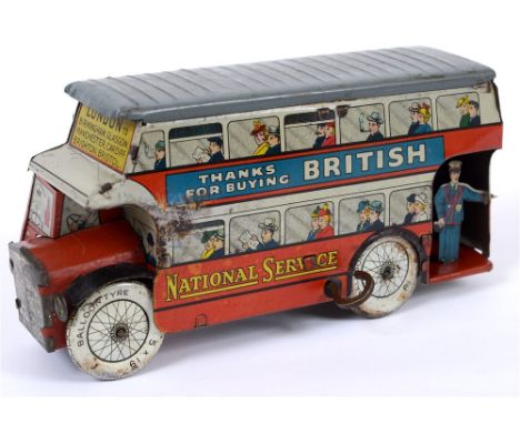 A WELLS BRIMTOY DOUBLE DECKER BUS red with white bands to the upper and lower decks, and a grey roof, destination 'London to 