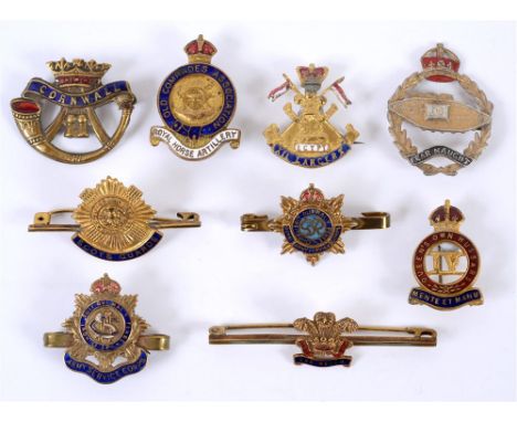 NINE MILITARY SWEETHEART BADGES most of brass and enamel, including those of Queen's Own Hussars, 12th Lancers, Scots Guards,