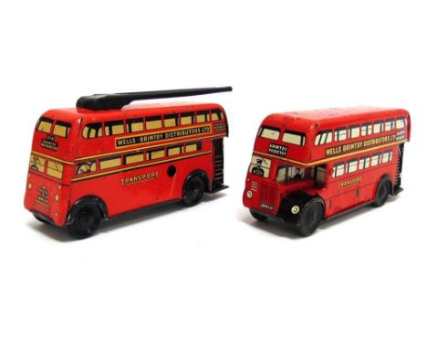 TWO WELLS BRIMTOY 'POCKETOY' MODEL BUSES the first a trolleybus, red, route '516', registration 'AWW 516', plastic wheels, cl