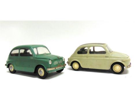 TWO RIVAROSSI FIAT MOTOR CARS plastic, the first a Fiat 500, pale grey with a dark grey sunroof, battery-operated motor (not 