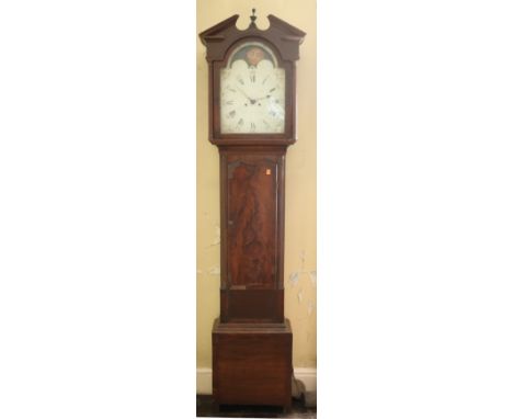 A 19th Century mahogany framed Grandfather Clock, with swan neck pediment and central finial, over a painted dial with Roman 