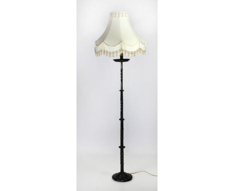 A tall 19th Century wrought iron Candle Holder, converted as lamp stand, with cream shade. (1)