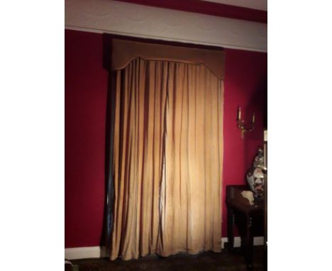 A pair of light brown lined and interlined Curtains, with frilled edges and matching pelmets, approx. 11' drop x 6'3" wide. (