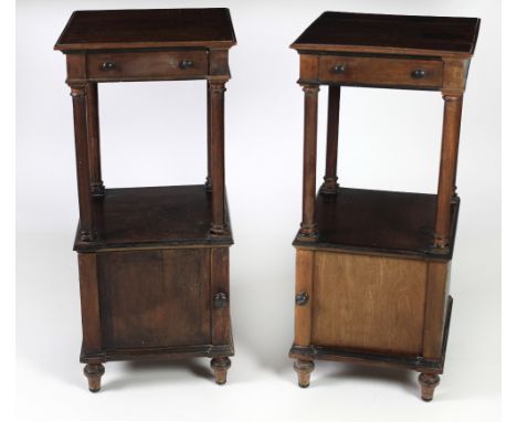 A pair of 19th Century mahogany Bedside Tables, the plain moulded top over frieze drawer with open shelf supported by pillars