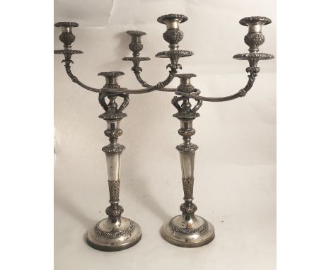 A fine tall pair of 19th Century three light two branch Candelabra, plated on copper, with gadroon and other decoration, appr